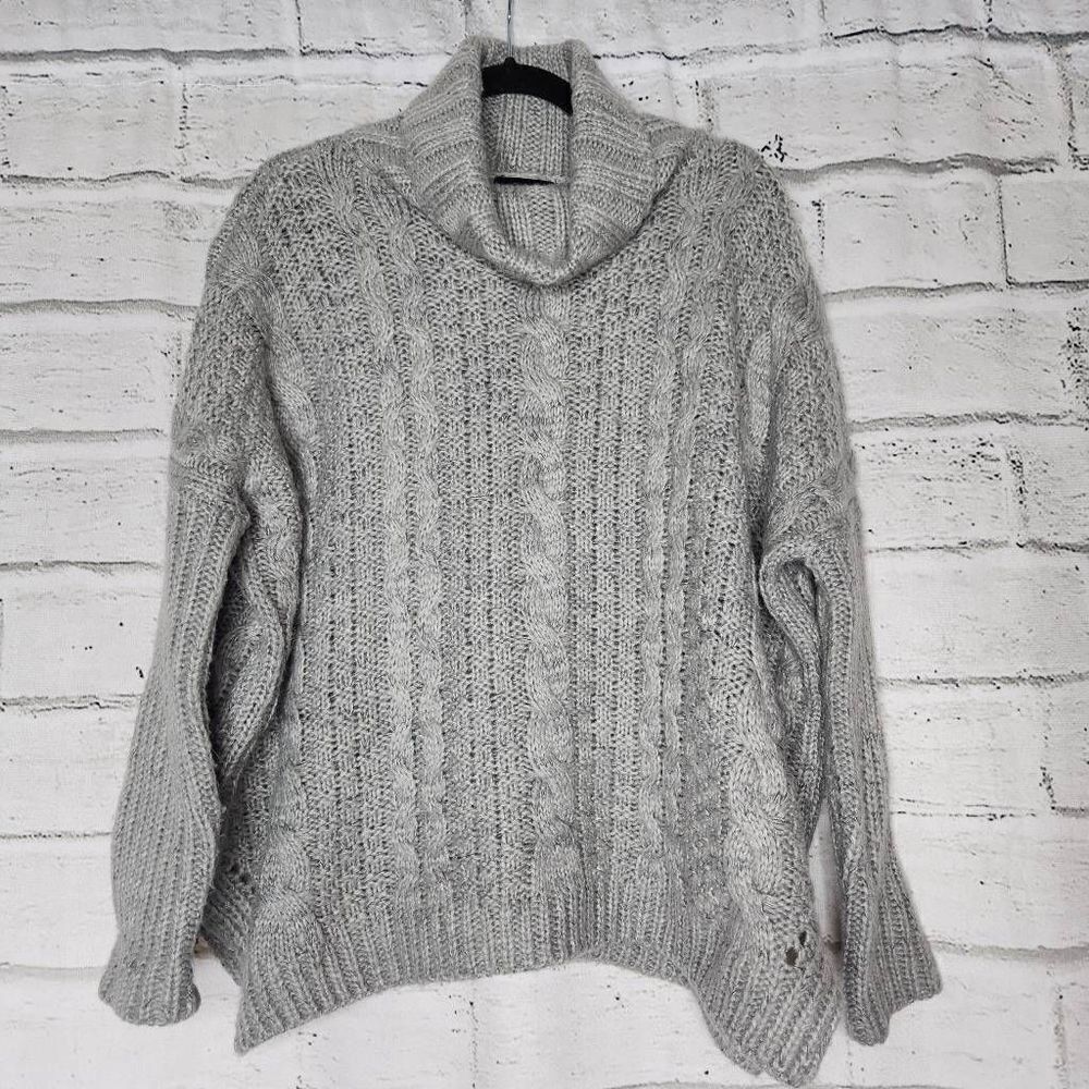 Everly Cable Knit Turtle Neck Long Sleeve Pullover Sweater Granite Gray One Size